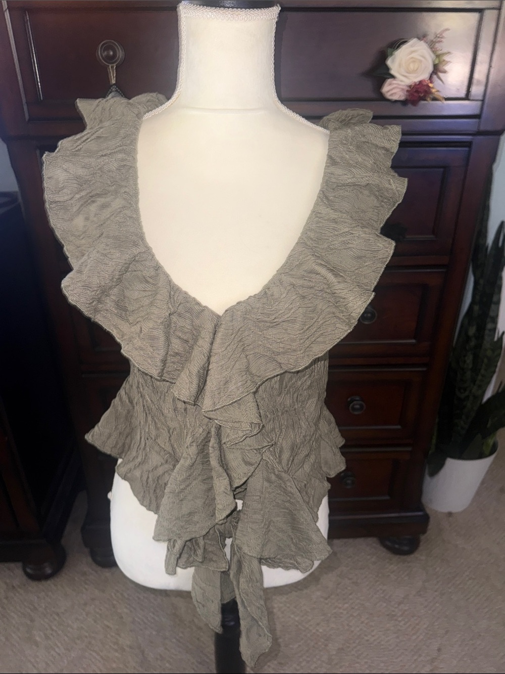 Zara Taupe Ruffled V-Neck Sleeveless Blouse